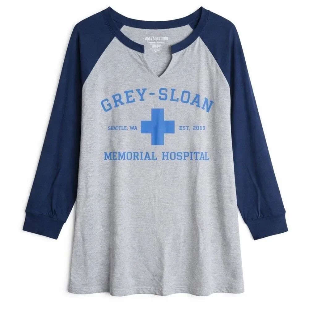 Grey’s Anatomy Grey Sloan Raglan Tee Gray Blue Graphic Shirt Women Plus Size 6X